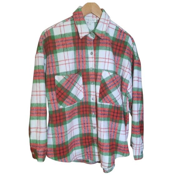 She + Sky Womens Red And Green Festivity Oversized Plaid Shacket Size Small - Picture 2 of 6